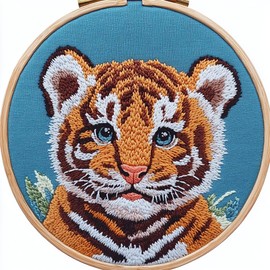 DIY Punch Needle Kits for Beginners Cartoon Tiger Portrait with Hoop Embroidery Punch Needle Starter Craft Set Easy for Adults and Children Festival Gift and Decoration 20x20cm-1