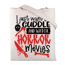FUSTMW Movies Tote Bag I Just Want To Cuddle And Watch Horror Movies Gifts for Horror Love Reusable Grocery Shopping Bag, Horror Movies Tote, Large
