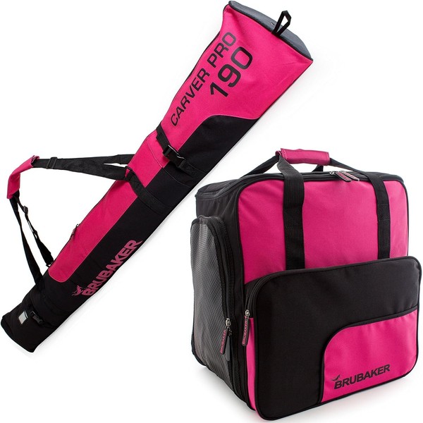 BRUBAKER Superfunction -Limited Edition - Combo Ski Boot Bag and Ski Bag for 1 Pair of Ski, Poles, Boots and Helmet - Dark Pink Black