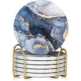 Rocwing Ceramic Drink Coasters with Cork Base Round Marble Style Set of 6 with Holder - Charm