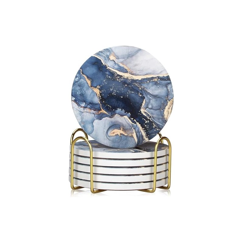 Rocwing Ceramic Drink Coasters with Cork Base Round Marble Style