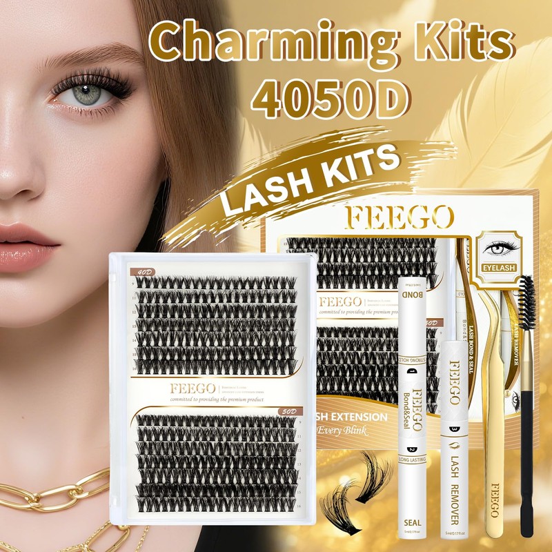 FEEGO Fluffy Eyelash Extensions Kit With Cluster Lashes, Eyelashes Extensions
