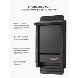 INCLY Small Bat House Kit for Outdoors 14.6"x6.7"x2.2" Shelter Box Roosting Single Chamber Black Natural Cedar Wood, Pre-Finished Easy to Install