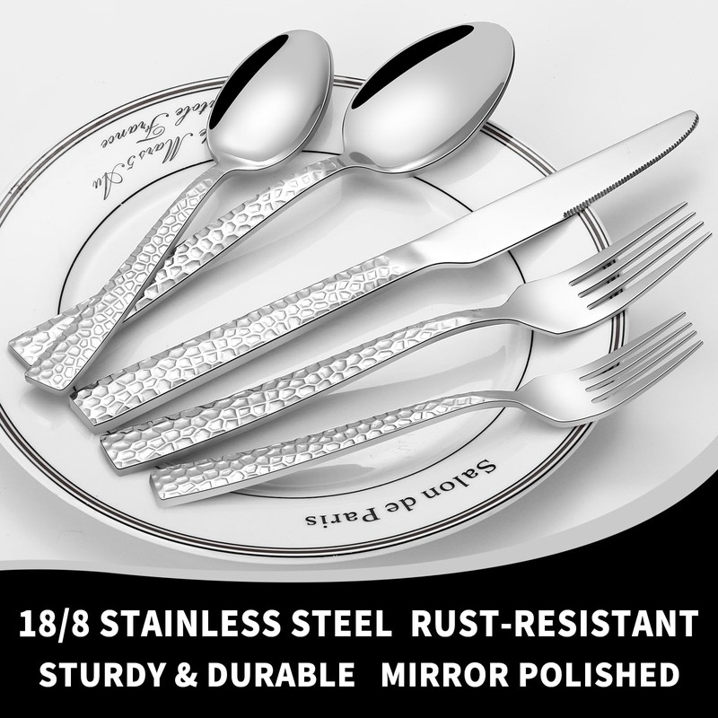 60 Piece Silverware Set for 12, Amafox Stainless Steel Hammered