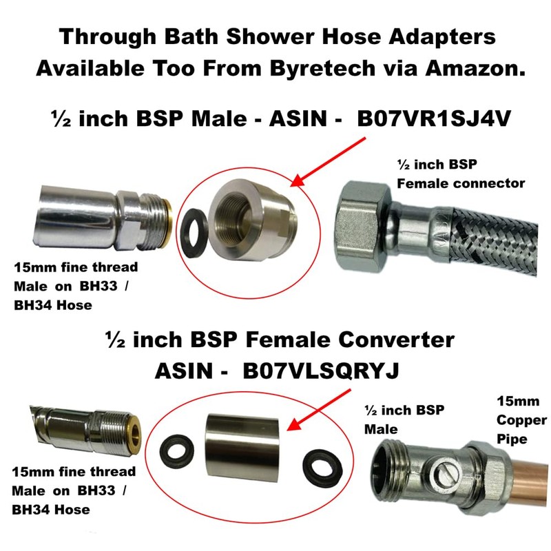 150cm 8mm Bore Stainless Steel Through Bath Shower Hose -