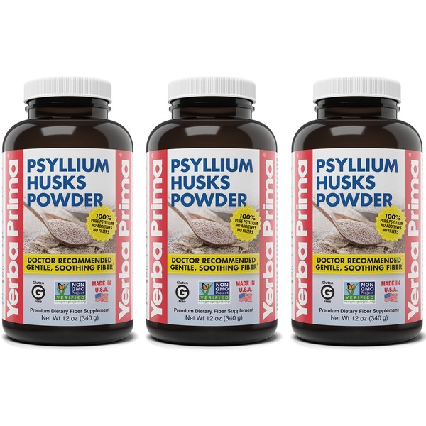 Yerba Prima Psyllium Husks Powder - 12 oz (Pack of 3) - Natural Fiber Supplement - Colon Cleansing - Vegan, Non-GMO, Gluten-Free (New Label - Packaging May Vary)