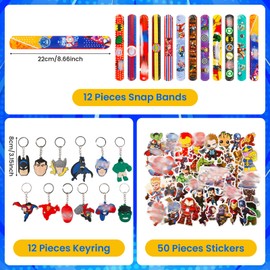 Ainvliya 74pcs Avenge Party bag Fillers, 50pcs Stickers, 12pcs Slap Bands, 12 Keychain, Party Bags Supplies for Kids Boys Girls