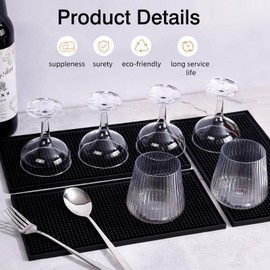 4 Pcs Bar Mats for Countertop 12 x 6 Inch Rubber Silicone Drink Bar Drying Coffee Non Slip Mat for Bartending Home Cocktail Bars Restaurants (Black)