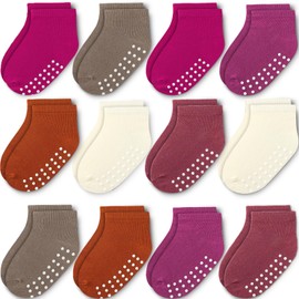 JAKIDAR 12 Pair Baby Toddler Socks Non-Slip Grip Cotton Ankle Socks for Boys Girls Non Skid Soles for Infants Kids, Magenta Fuchsia Brown,2-4T
