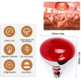 Minsily - Paquete de 2 lámparas de calor infrarrojas para pollos, foco de calor roja de 275 W, foco de calor infrarroja para pollos, baño, terapia de luz, foco incandescente de base E26