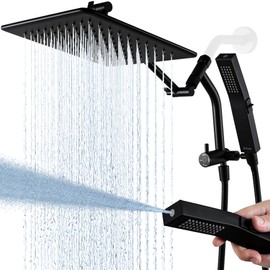 G-Promise All Metal 10 Inches Rain Shower Head with Handheld Built-in Power Wash Mode, 3-way Diverter with Pause Setting, 11 Inches Adjustable Extension Arm with Lock Joint, Long Hose (Matte Black)