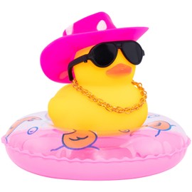 wonuu Car Rubber Duck, Yellow Duck Decoration Dashboard with Sun Hat Swim Ring Necklace Sunglasses for Car Dashboard Decorations, White Spots Pink Cowboy Hat-Pink