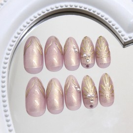 MISUD Press on Almond Medium Fake Nails Glossy Glue on Gold Chrome Acrylic Stiletto Artificial Bling Pearl Stick on False Nails with Design 24 pcs