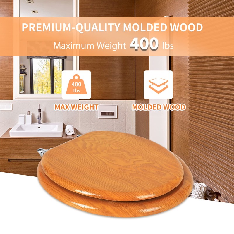 Angel Shield Durable Wood Veneer Natural Toilet Seat Metal Hinged
