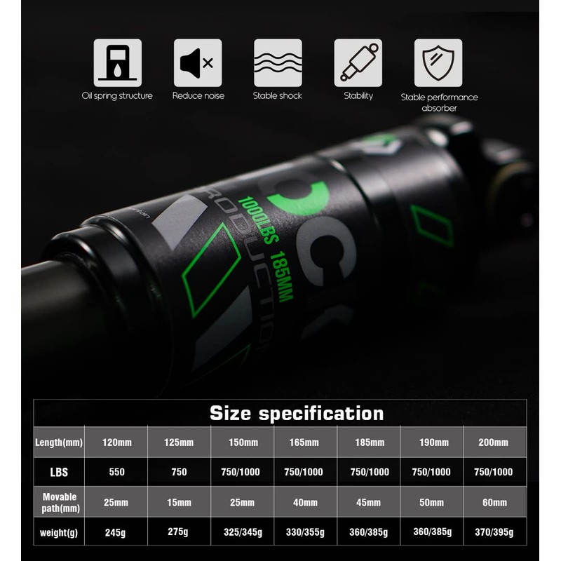 Chooee Ammortizzatore posteriore per bicicletta, 120 mm, 125 mm, 150