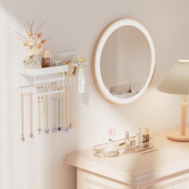 Lolalet Wall Mounted Hanging Jewelry Organizer, 15 Hooks Wooden Necklaces Holder with Storage Shelf, Easy Install Earrings Bracelets Hanger -White