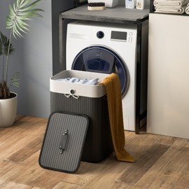 Byroce Bamboo Laundry Basket, Collapsible Laundry Hamper with Lid, Removable Liner & Handles, Dirty Clothes Toys Storage Bin for Laundry Room, Bedroom, Bathroom (Black)