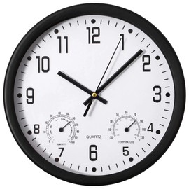 Clockswise 12-inch Non-Ticking Quartz Wall Clock with Thermometer & Hygrometer - Battery Operated Plastic Analog Clock for Temperature & Humidity Monitoring - Ideal for Home, Office or School, Black