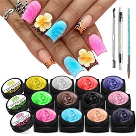 EBANKU Sculpture Painting Nail Gel Set, 12 Colors 3D Nail Carved Gel Sculpture Creative DIY Decoration Painting Glue with Tools, Silicone Pen, Cuticle Pusher and Carving Brush
