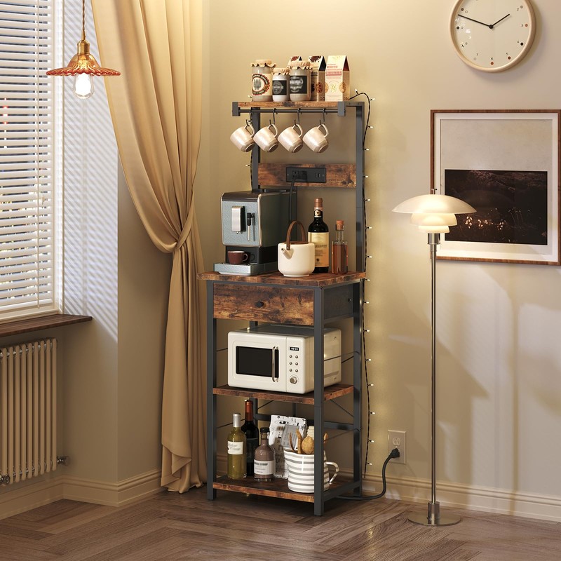 MAHANCRIS Bakers Rack with Drawer, Microwave Stand with Power Outlet,