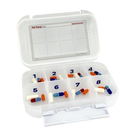 8 Time a Day Travel Sized Pill Case with Large Compartments and Airtight Seal, Adjustable Dividers, Silicone Gasket Waterproof Med Box, Numbered Stickers and Medication Map (Clear, 1 Pack)