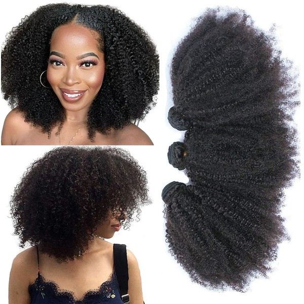 Afro Kinkys Curly Remy Human Hair Weave 3 Bundles Wefts 4B 4C Unprocessed Brazilian Virgin Hair Extensions Natural Colour (16 18 20 Inches / 40 45 50 cm)