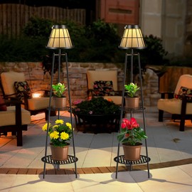 2 Pack 45.5'' Solar Floor Lamps with 2 Tier Plant Stand, Waterproof Metal Solar Powered Outdoor Lights Flower Shelf for Patio Deck Yard Garden Porch Decor