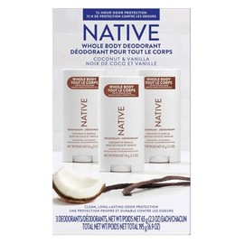 Desodorante Natural Native para Todo el Cuerpo sin Aluminio | Control de Olor 72h, Aroma Coco y Vainilla – Pack de 3 Unidades de 65g