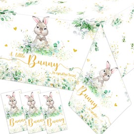 Pymurod 3Pcs Easter Bunny Baby Shower Tablecloth Party Supplies A Little Bunny is on The Way Plastic Table Covers Disposable Eucalyptus Rabbit Table Cloth for Boy Girl Baby Shower Party Supplies