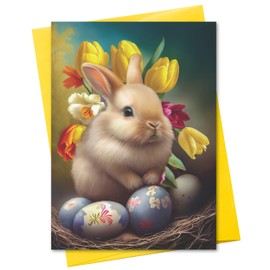 CATNEVERLAND Easter Bunny Spring Greeting Card, 5 x 7 inches, Floral Design with Decorated Eggs, Blank Inside with Yellow Envelope Made in USA by Small Business