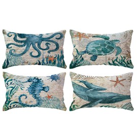 ULOVE LOVE YOURSELF Mediterranean Style Throw Pillow Case Sea Theme Decorative Lumbar Coastal Cushion Cover 12 X 20 Inch, 4Pack Nautical Pillow Covers for Beach House/Sofa/Couch