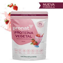 PRONAT Proteína Vegetal en Polvo con Prebióticos Sabor Fresa 400 g 21 g de Proteína por Porción Sin Azúcar Sin Gluten Apta para Vegetarianos 13 Porciones Textura suave y fácil de mezclar
