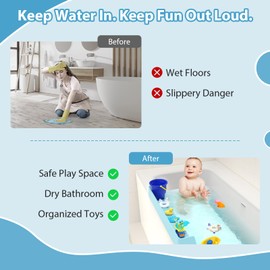 AyNirser Bathtub Splash Guard Play Shelf Over Tub for Kids 31” with 11 Strong Suction Cups, Silicone Tub Water Guards Toy Tray Holder No Mess Water Spill in Bathroom for Toddlers Baby-Blue