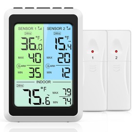 AMIR Upgraded Digital Refrigerator Thermometer with Alarm – 4.5” Wireless Fridge & Freezer Thermometer with 2 Sensors, Backlight Color Screen, MAX/MIN Records for Home, Restaurant & Wine Cellar Use