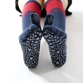 Verdancy Toe Socks Toeless Socks with Grips for Women Non Slip Cushioned Knee Highs Over Calf Socks for Yoga Pilates Barre Ballet (Navy Blue/Red)