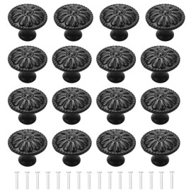 YEYIT 16Pcs Black Cabinet Door Handle, Round Drawer Knobs, Single Hole Cupboard Handle, Mushroom Drawer Handle 30MM Aluminum Alloy Flower Pattern Handle with Screws