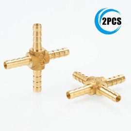 nutmanel 2 Pack Cross 4 Way Brass Hose Barb,6mm 4 Way Brass Hose Connector,Brass Fuel Hose Joiner Pneumatic Hose Connector with 8 Hose Clamps,for Hose Connections,Compressed Air Oil Gas Pipe