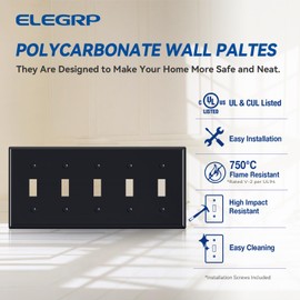 ELEGRP 5-Gang Toggle Switch Wall Plates, Standard Size 4.52" H x 10.03" L Unbreakable Thermoplastic Faceplate Cover for Toggle Dimmer Light Switches, UL Listed (1 Pack, Glossy Black)