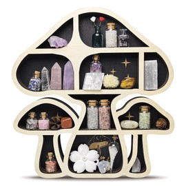 FNYDOX FNYDOX Wooden Mushroom Floating Shelves, Crystal Display Shelf for Wall, Cute Mushroom Wall Decor, Rock Gem Stone Storage Organizer, Essential Oil Holder Hanging Case, Meditation Art Spiritual Gift