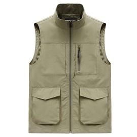Hixiaohe Men's Casual Lightweight Outdoor Vest Work Fish Photo Travel Golf Vest Zip up Sleeveless Jacket with Pockets(08 Khaki,L)