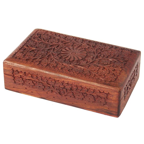 Ajuny Wooden Handcarved Decorative Jewelry Trinket Storage Box Floral Patterns Multipurpose Use as Keepsake Organizer Watch Box Great for Gifts - Brown, 8X5 Inch
