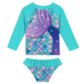 uideazone Girls Two Piece Swimsuit 2T Blue Mermaid Tail Printed Bathing Suit Set Long Sleeve Rash Guard Swimwear for Summer Swimming Lesson 2-3 Years