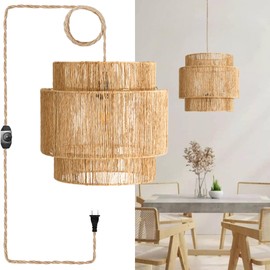 Chi An Home Jute Hanging Lamp Plug in, Natural Wicker Pendant Light with 3-Way Dimmable Switch, Hanging Ceiling Light Fixture for Kitchen Island, Bedroom, Dining, Living Room (No Bulb Included)