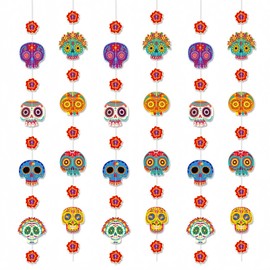 YVAINE 6 Strings Halloween Day of The Dead Sugar Skull Marigold Flowers Garland,40 inch Dia de Los Muertos Hanging Decoration Banner Garland for Home Mantel Altar Decorations Party Supplies