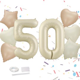 50th Birthday Decoration 50s Decor 8PCS 40" Giant Number 50 Balloons Ice Cream White Fifty Balloons Ivory Caramel Foil Star Balloons For 50 Years Old Birthday BOHO Party