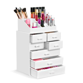 Sorbus Makeup Organizer, Brush Holder and Make Up Storage Drawers - Acrylic Makeup organizer for vanity, Bathroom - Cosmetic Display Cases with 3 large, 4 Small Drawers & 1 Tray for Makeup Brush