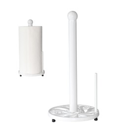 MINLUFUL Vintage Paper Towel Holder Countertop - Cast Iron Standing Roll Paper Towel Dispenser with Elegant and Heavy Daffodil Pattern Base for Kitchen Décor, White