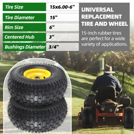 AR-PRO (2 Pack) 15 x 6.00-6" Tubeless Tire and Wheel Assembly, Replacement Riding Lawn Mower Front Tires, Compatible with John Deere Riding Mowers and Lawn Tractor, 3" Centered Hub and 3/4" Bushings