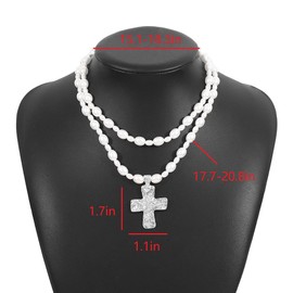 Chunky Gold Hammered Cross Beaded Pearls Necklace for Women Statement Bold Silver Cross Pendant Vintage Y2K Pearl Choker Necklaces Religious Jewelry (Silver)