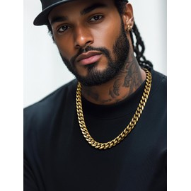 FaithHeart Mens Cuban Link Chain Necklaces, 14mm Chunky Gold Plated Chain Necklace Stainless Steel Miami Curb Necklace for Men, Length 18 Inches